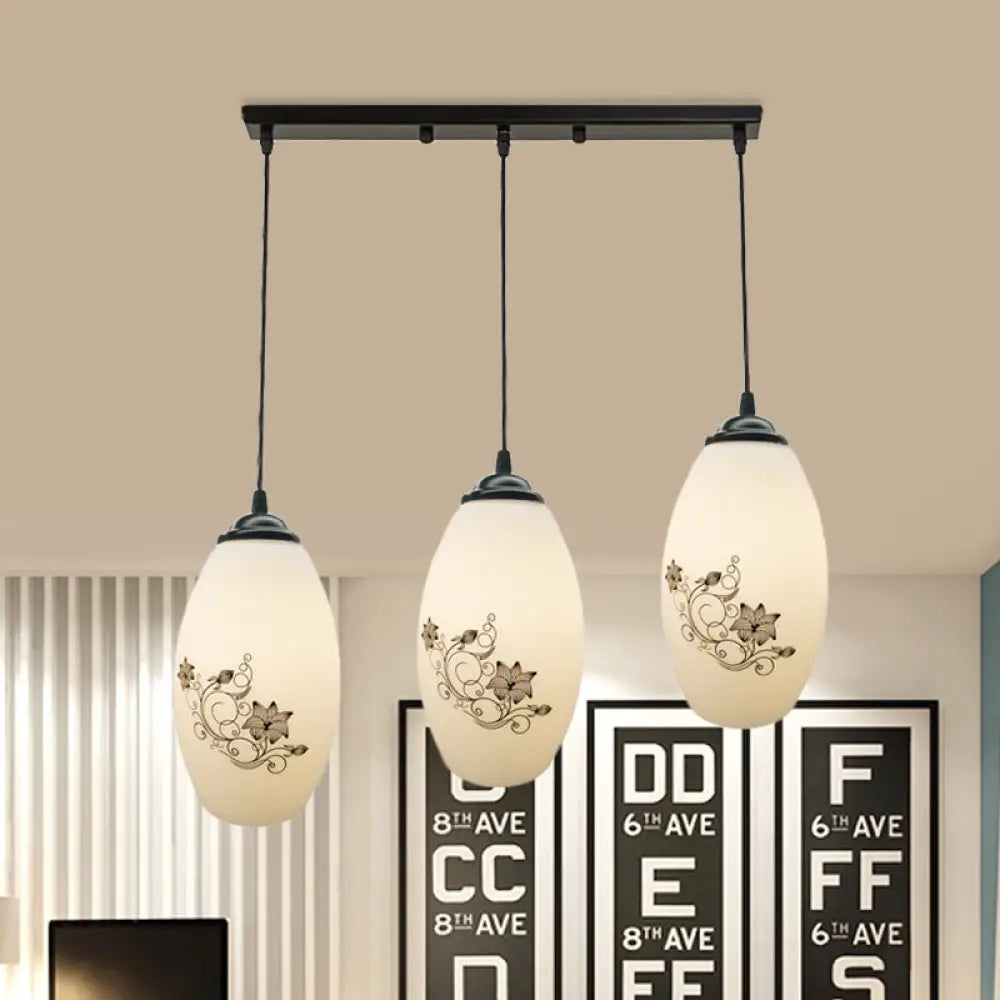 Oval Multi-Pendant Modern Ceiling Hang Fixture - 3 Lights Black Finish White Printed Glass / B