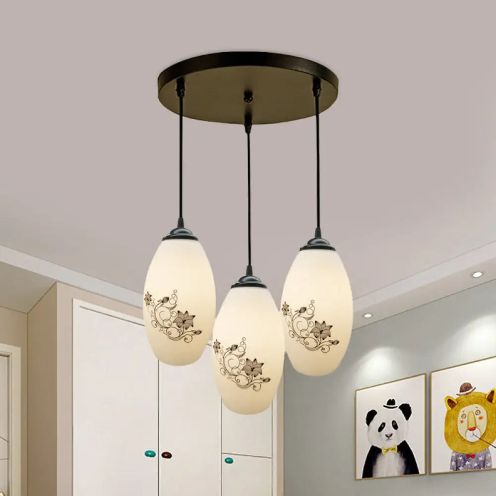 Oval Multi-Pendant Modern Ceiling Hang Fixture - 3 Lights Black Finish White Printed Glass / B Round