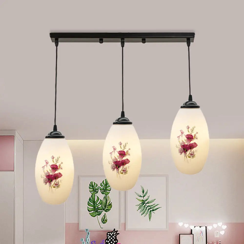 Oval Multi-Pendant Modern Ceiling Hang Fixture - 3 Lights Black Finish White Printed Glass / C