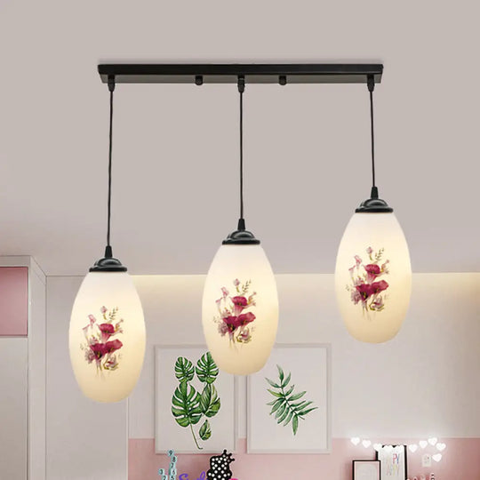 Oval Multi-Pendant Modern Ceiling Hang Fixture - 3 Lights Black Finish White Printed Glass / C