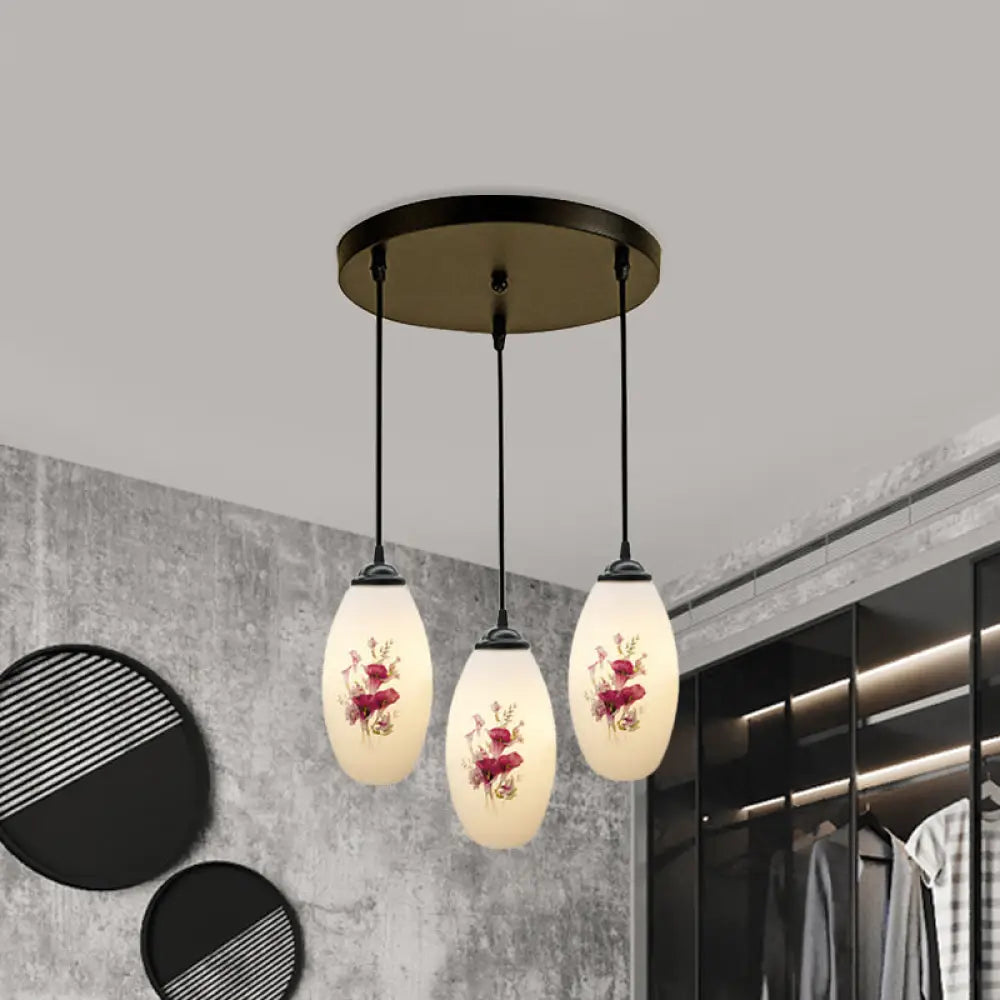 Oval Multi-Pendant Modern Ceiling Hang Fixture - 3 Lights Black Finish White Printed Glass / C Round