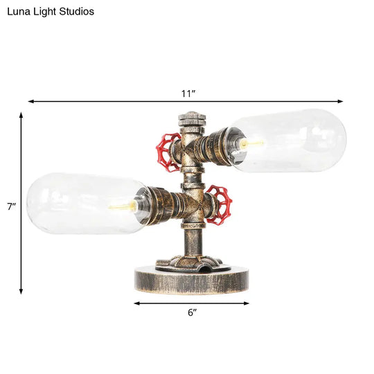 Oval Shade Desk Light - 2-Bulb Industrial Table Lamp In Aged Bronze With Clear/Amber Glass For