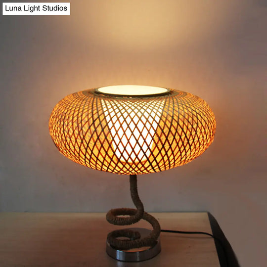 Oval Woven Nightstand Lamp - Asian Bamboo Rattan Flaxen Light With Rope Design