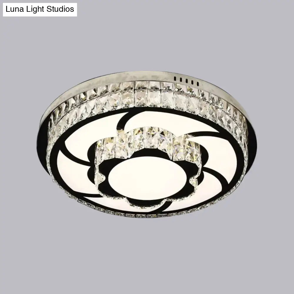 P Stainless-Steel Flushmount Light With Clear Faceted Crystal Shade - Flower/Round Design