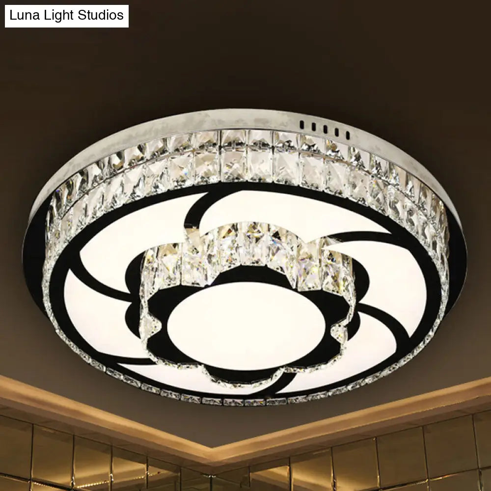 P Stainless-Steel Flushmount Light With Clear Faceted Crystal Shade - Flower/Round Design / A