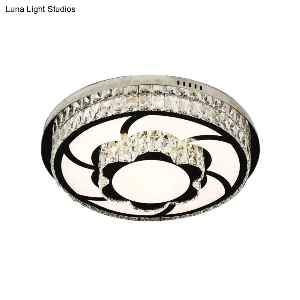 P Stainless - Steel Flushmount Light With Clear Faceted Crystal Shade - Flower/Round Design