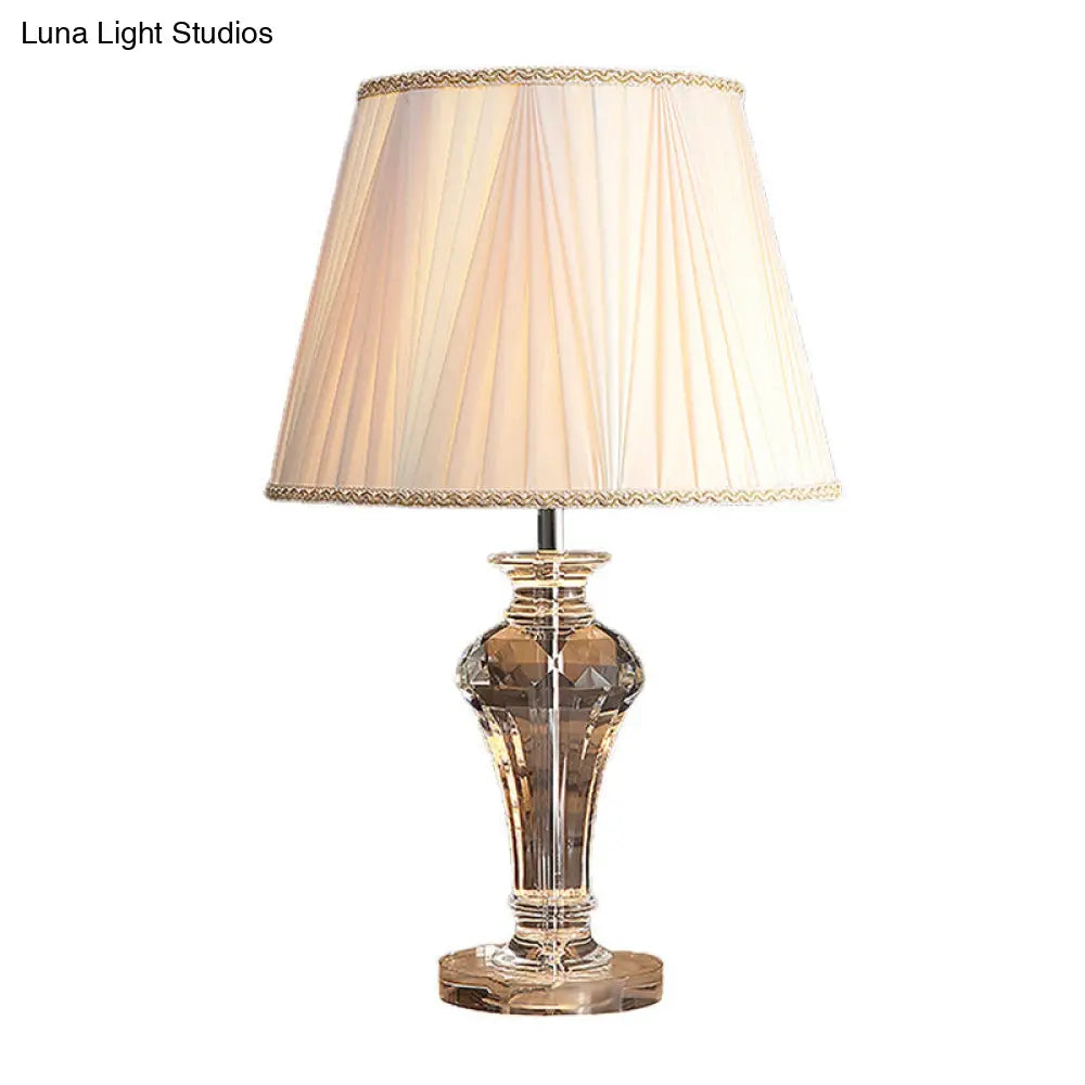 White Night Lamp With Gathered Fabric Shade Simple Table Lighting & Clear Crystal Base