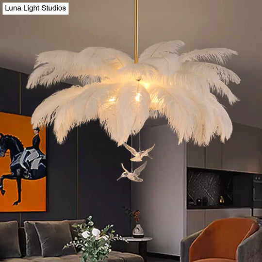 Palm Tree Hanging Light - Feather Nordic Style Chandelier For Living Room In Elegant White