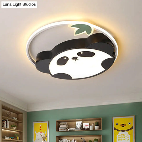 Panda Kids Style Led Flush Mount Ceiling Light With Leaf Design In Warm/White Black / White