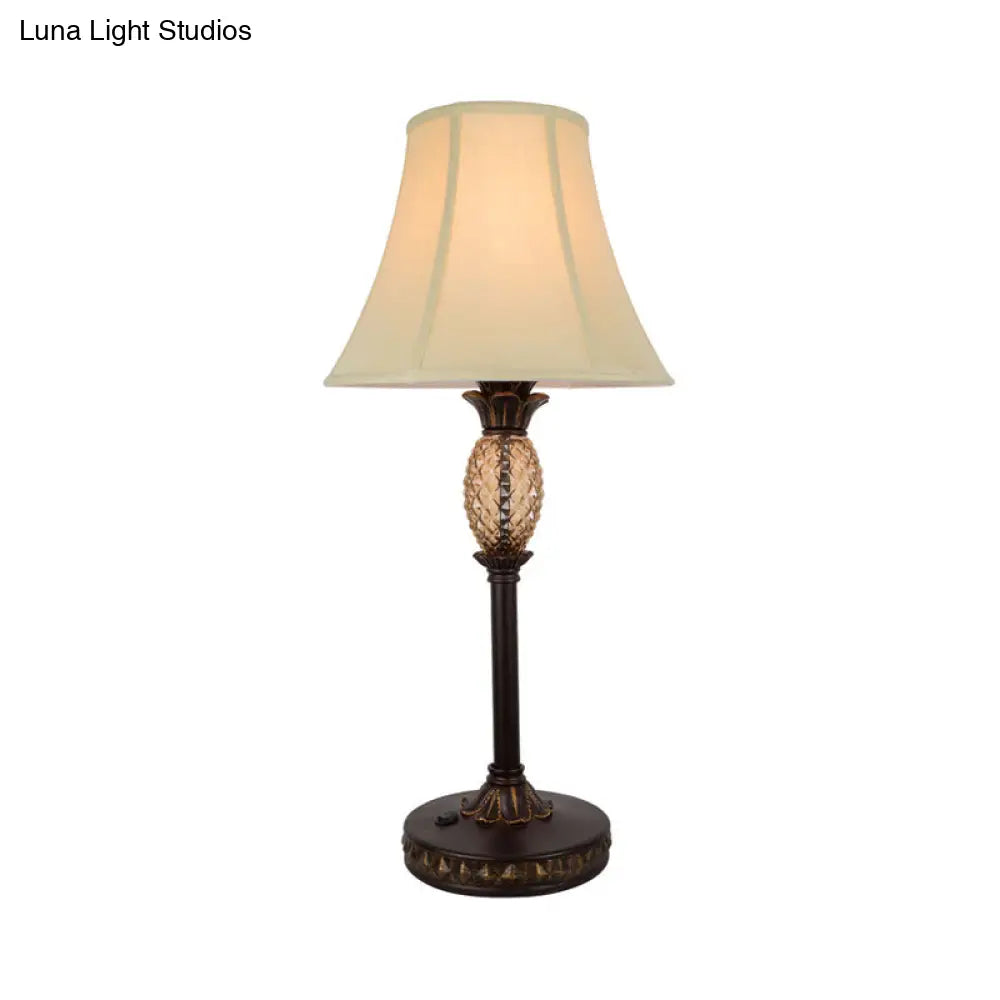 Panel Paneled Bell Night Lamp: Traditional Beige Fabric Nightstand Light With Pineapple Deco