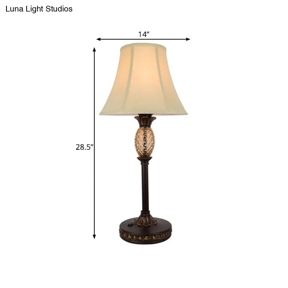 Panel Paneled Bell Night Lamp: Traditional Beige Fabric Nightstand Light With Pineapple Deco