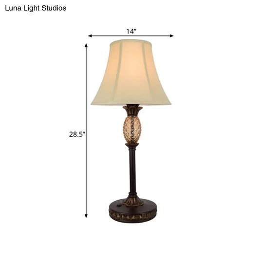 Panel Paneled Bell Night Lamp: Traditional Beige Fabric Nightstand Light With Pineapple Deco