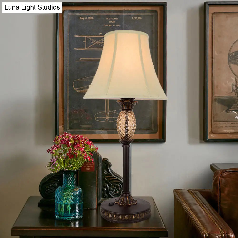 Panel Paneled Bell Night Lamp: Traditional Beige Fabric Nightstand Light With Pineapple Deco