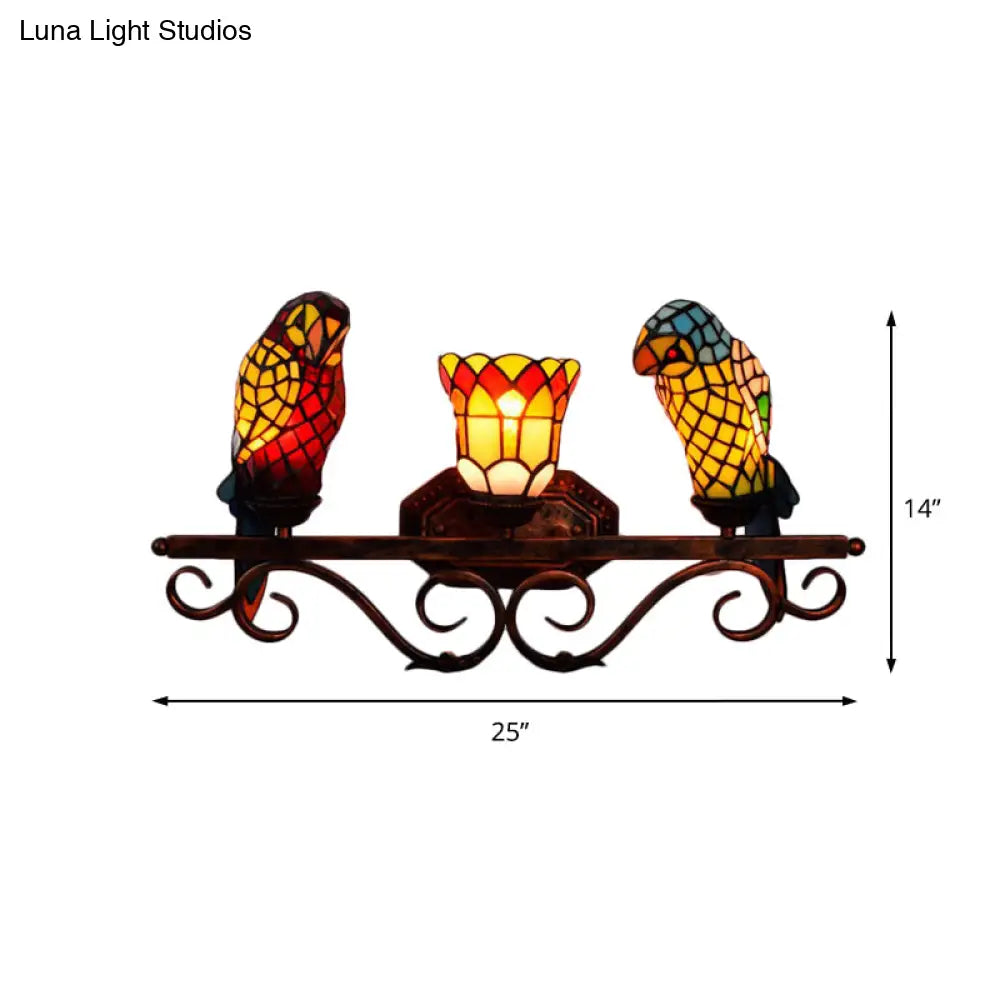 Parrot Sconce Light - 3 Lights Stained Glass Rustic Lodge Style In Copper