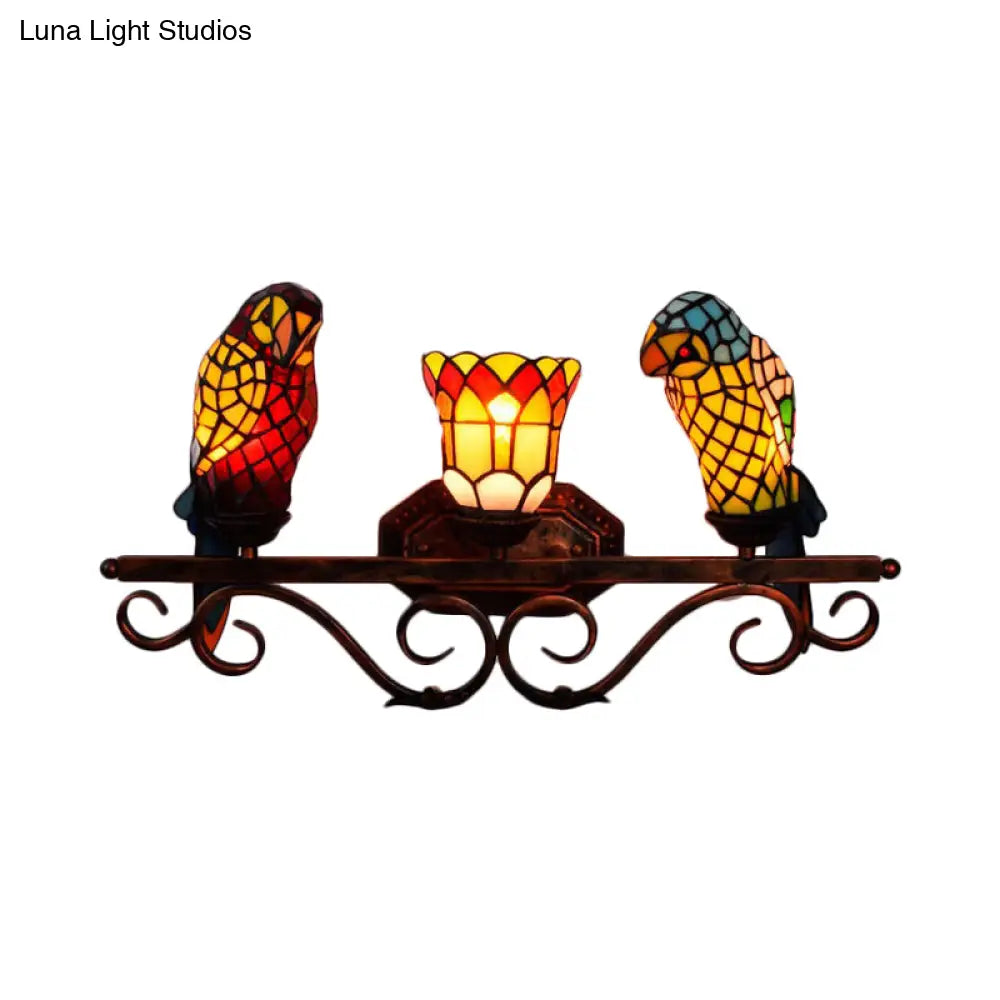 Parrot Sconce Light - 3 Lights Stained Glass Rustic Lodge Style In Copper