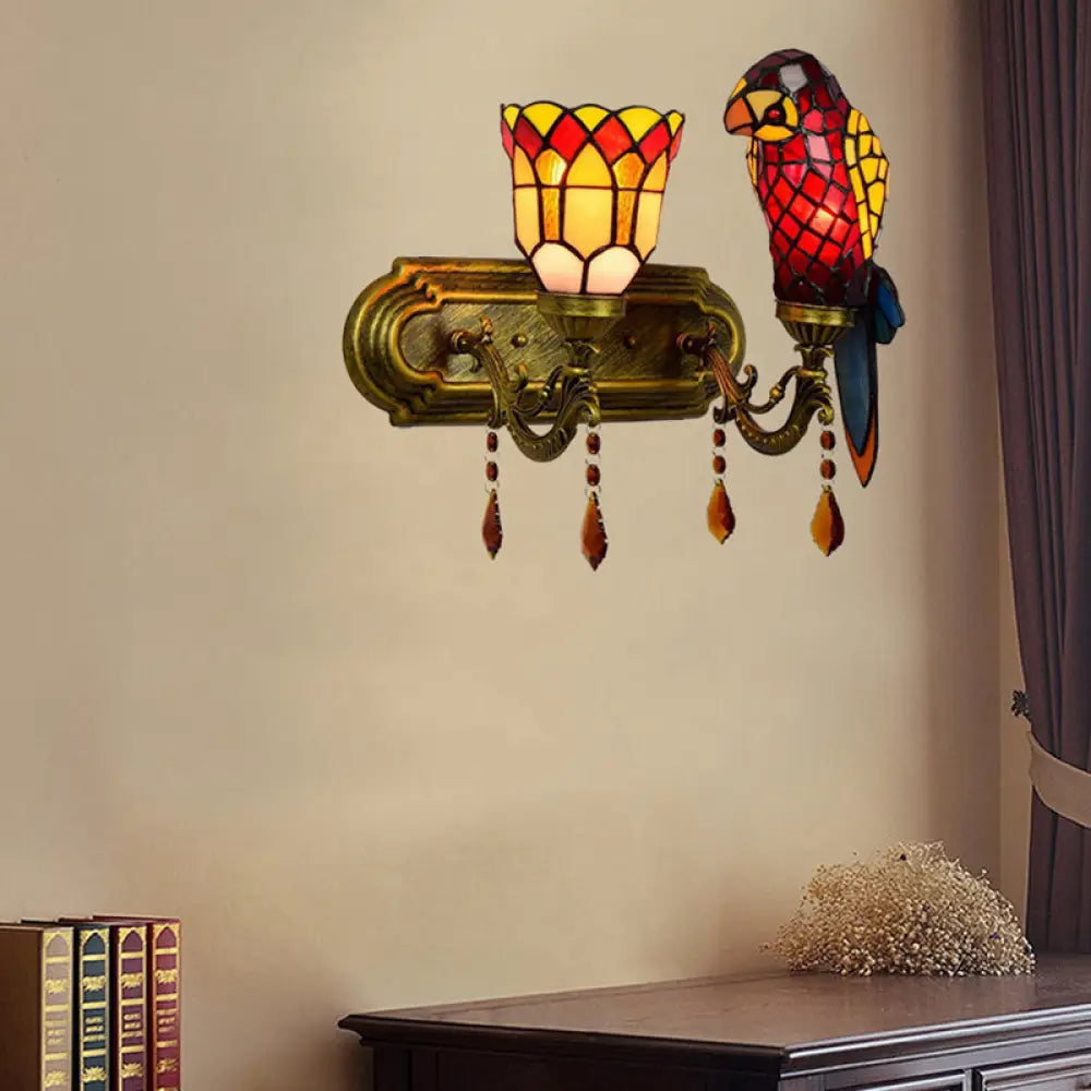 Parrot Wall Sconce: Lodge Style Stained Glass Lighting With Amber Crystal In Red/Blue Red