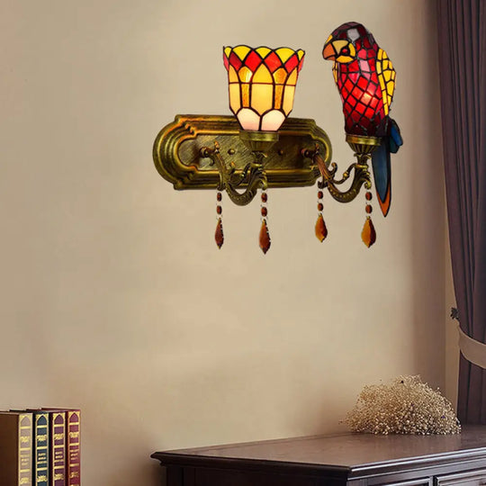 Parrot Wall Sconce: Lodge Style Stained Glass Lighting With Amber Crystal In Red/Blue Red