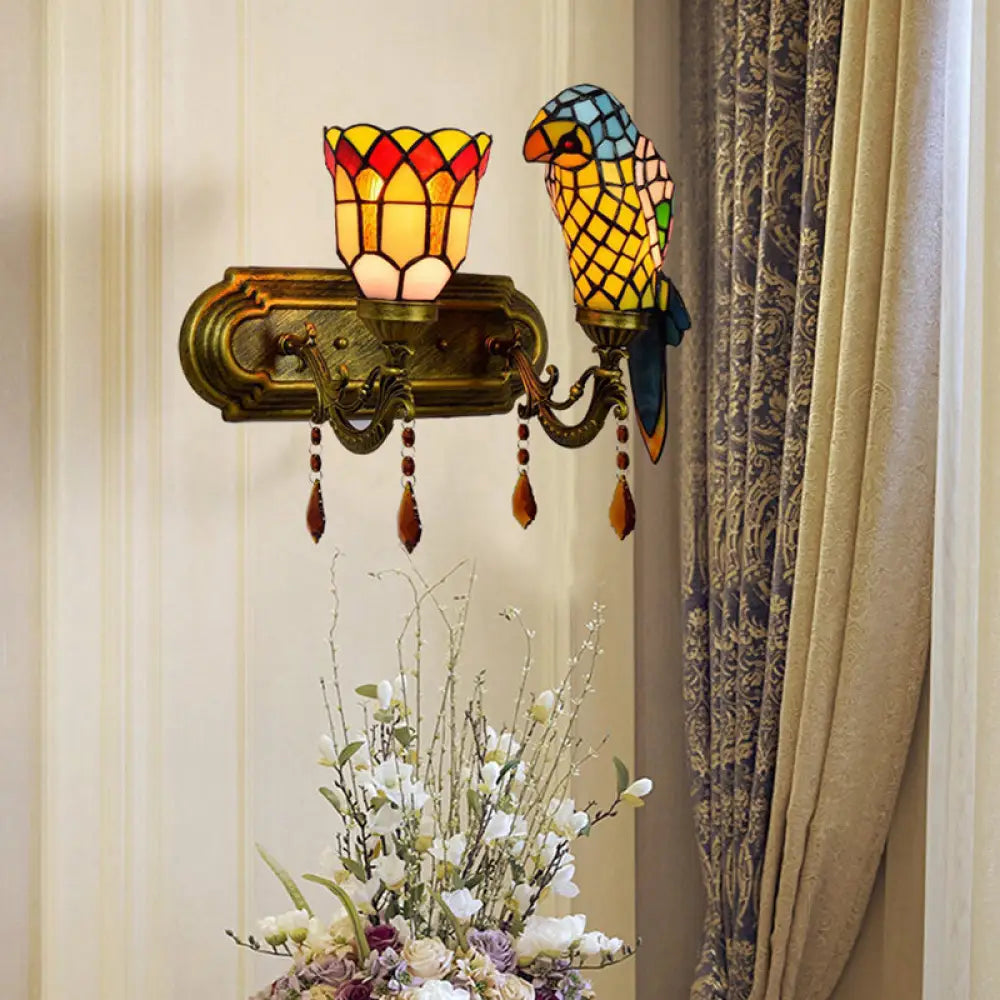 Parrot Wall Sconce: Lodge Style Stained Glass Lighting With Amber Crystal In Red/Blue Blue