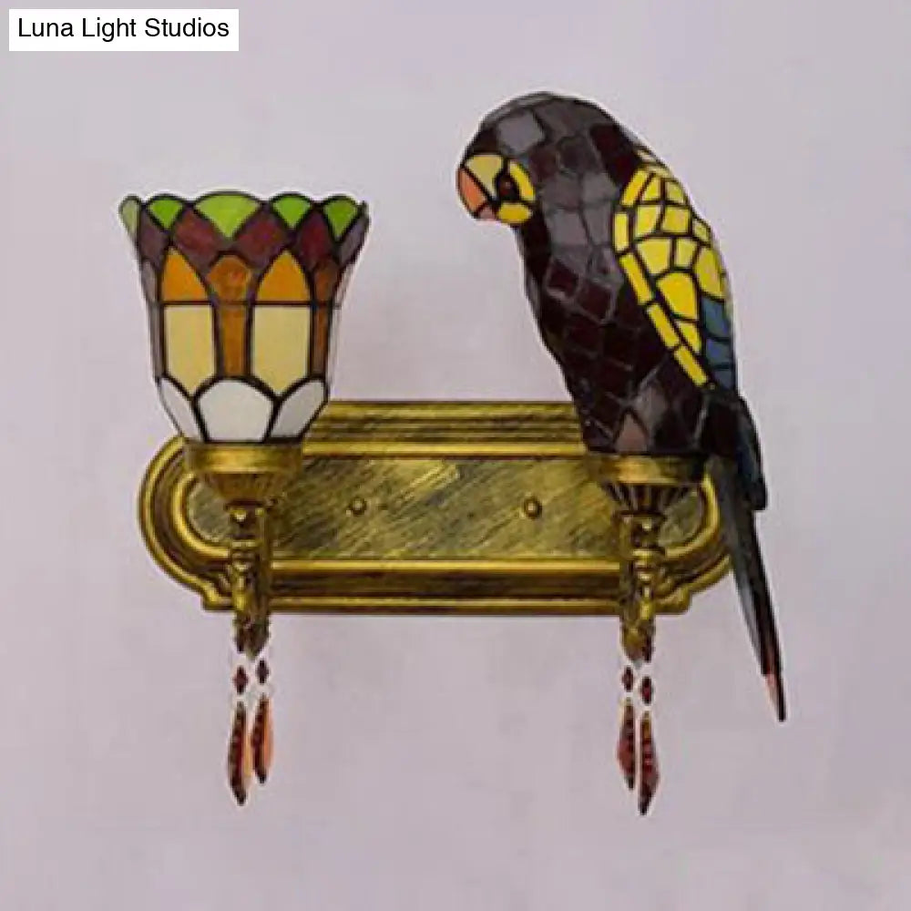 Parrot Wall Sconce: Lodge Style Stained Glass Lighting With Amber Crystal In Red/Blue