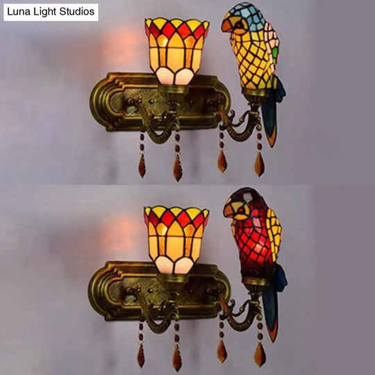 Parrot Wall Sconce: Lodge Style Stained Glass Lighting With Amber Crystal In Red/Blue