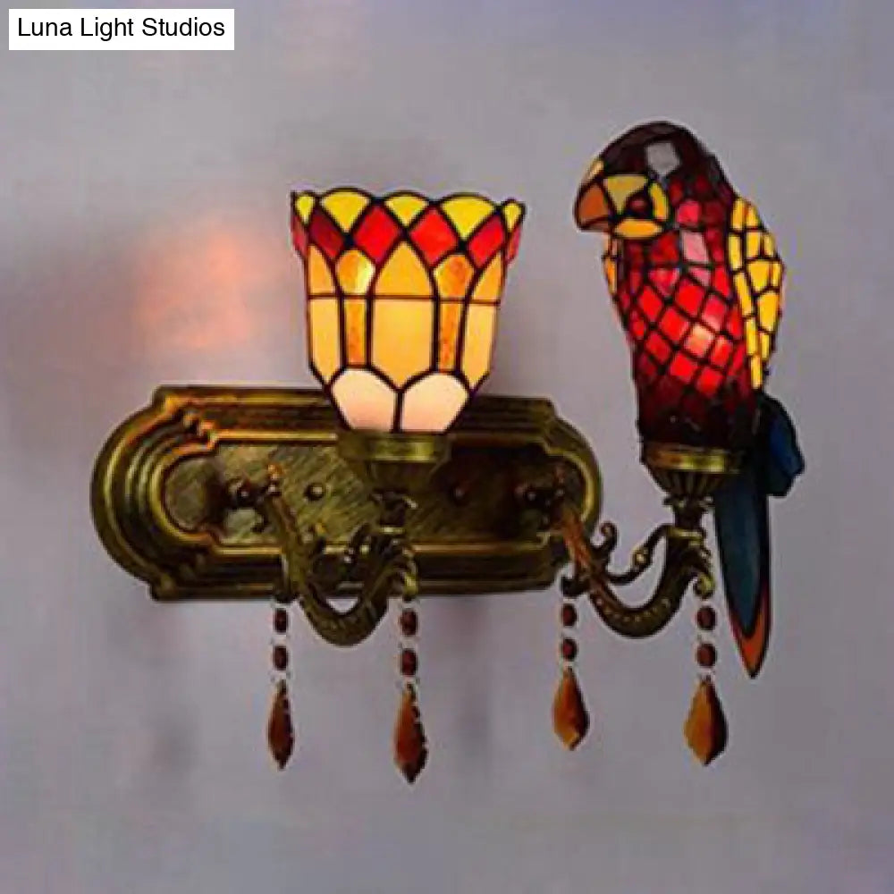 Parrot Wall Sconce: Lodge Style Stained Glass Lighting With Amber Crystal In Red/Blue