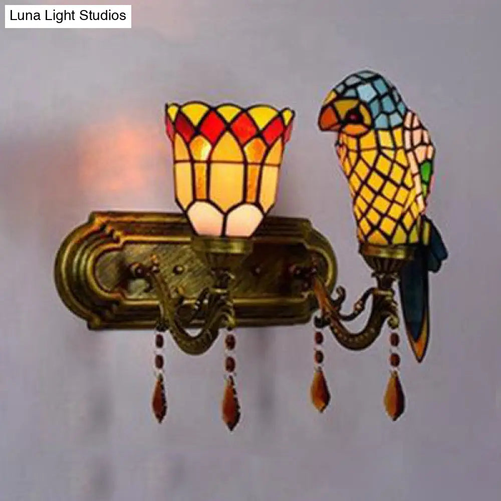 Parrot Wall Sconce: Lodge Style Stained Glass Lighting With Amber Crystal In Red/Blue