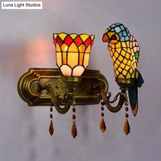 Parrot Wall Sconce: Lodge Style Stained Glass Lighting With Amber Crystal In Red/Blue