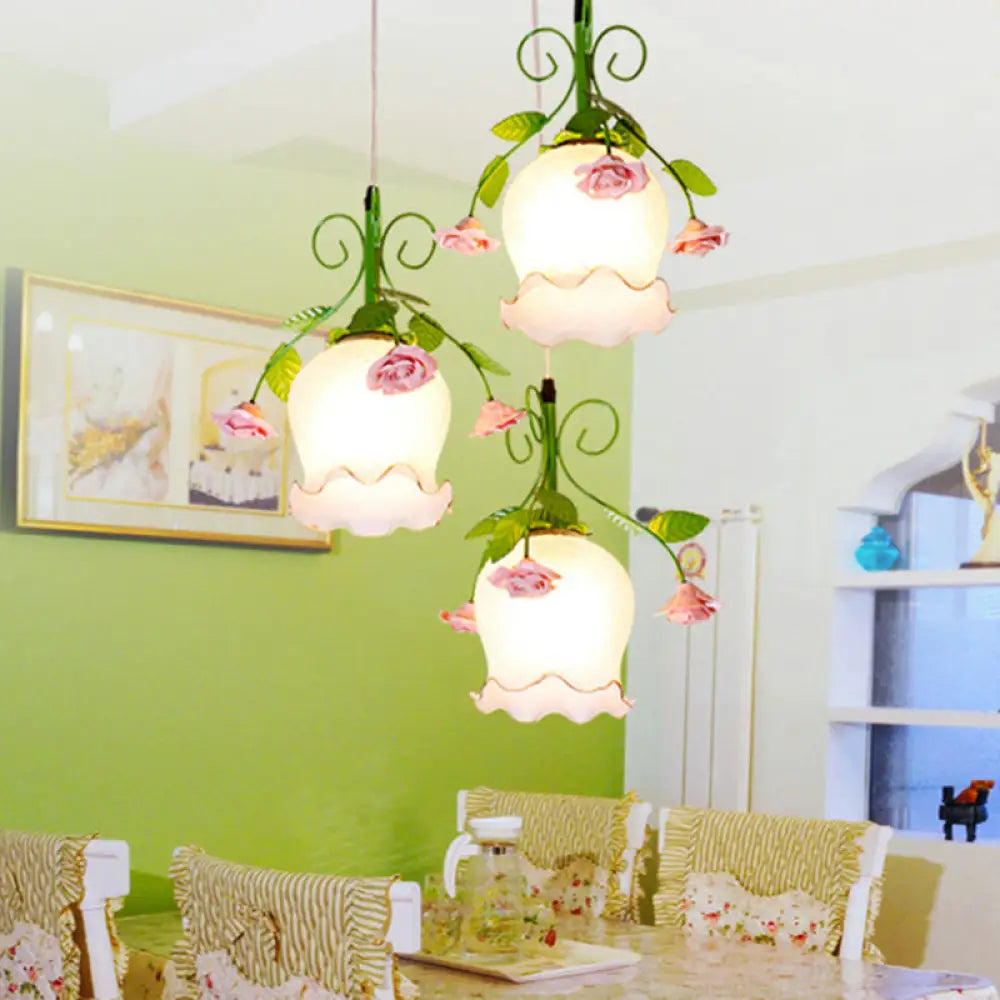 Pastoral 3-Head Pendant Floral White Glass Cluster Light For Dining Room Ceiling