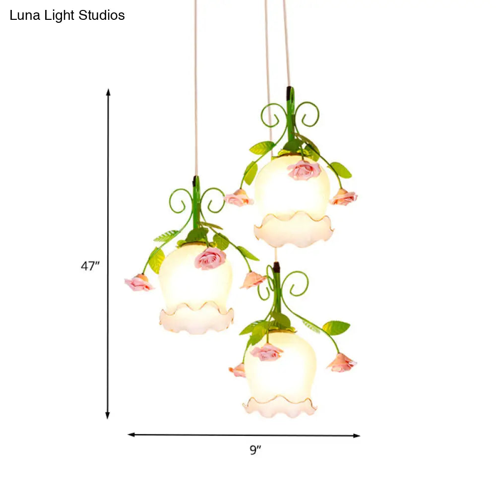 Pastoral 3-Head Pendant Floral White Glass Cluster Light For Dining Room Ceiling