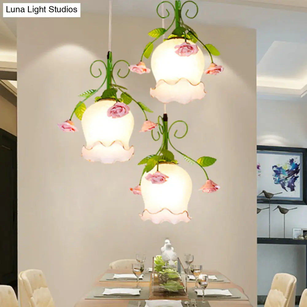 Pastoral 3-Head Pendant Floral White Glass Cluster Light For Dining Room Ceiling