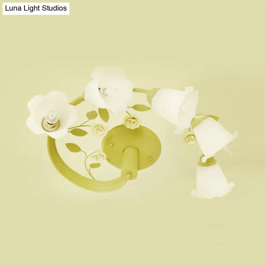 Pastoral 5 - Light Semi Flush Ceiling Light With Green Twisted Vine And Milk Glass Flowers