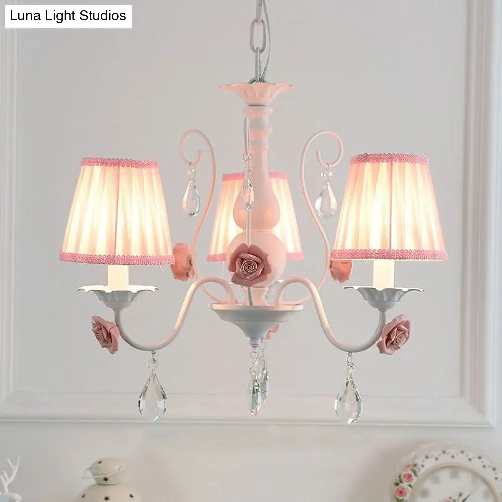 Pastoral Bedroom Chandelier Light With Rose Crystal Draping - Fabric Pleated Empire Shade Suspension