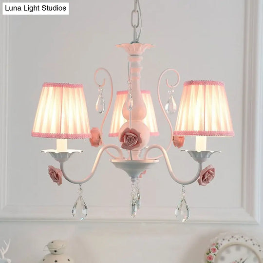 Pastoral Bedroom Chandelier Light With Rose Crystal Draping - Fabric Pleated Empire Shade Suspension