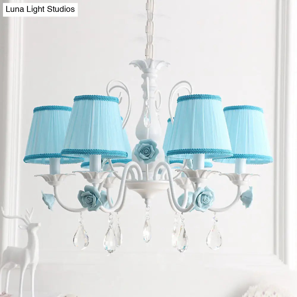 Pastoral Bedroom Chandelier Light With Rose Crystal Draping - Fabric Pleated Empire Shade Suspension