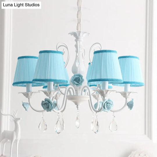 Pastoral Bedroom Chandelier Light With Rose Crystal Draping - Fabric Pleated Empire Shade Suspension