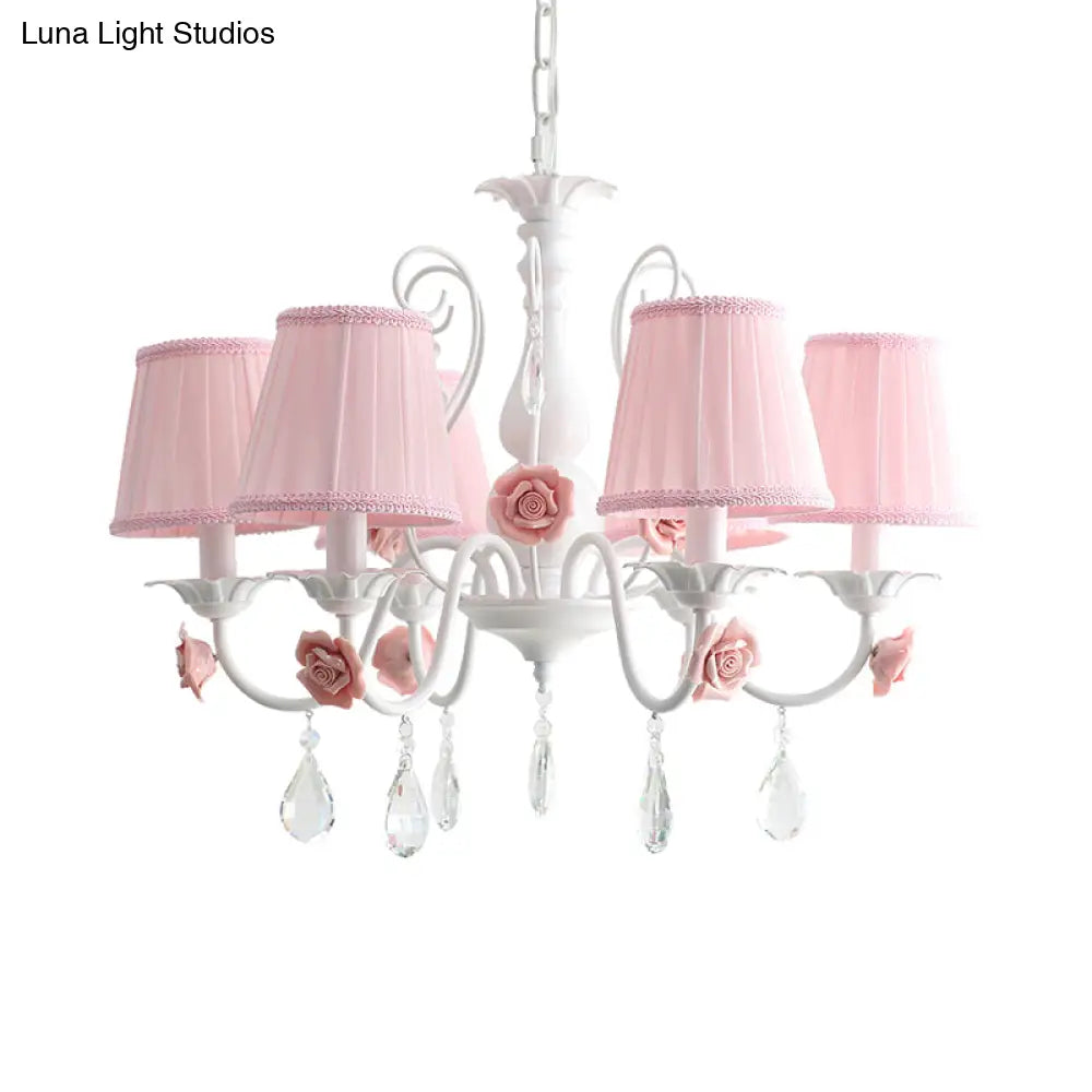 Pastoral Bedroom Chandelier Light With Rose Crystal Draping - Fabric Pleated Empire Shade Suspension