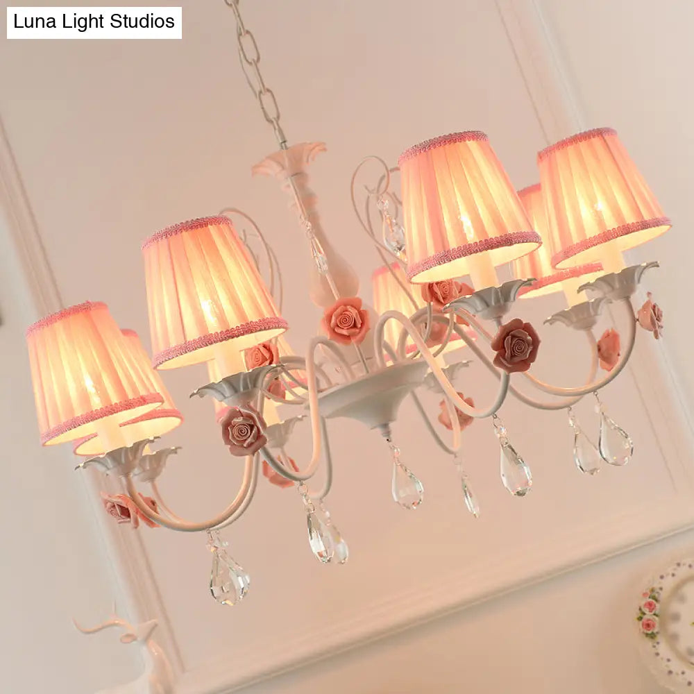 Pastoral Bedroom Chandelier Light With Rose Crystal Draping - Fabric Pleated Empire Shade Suspension