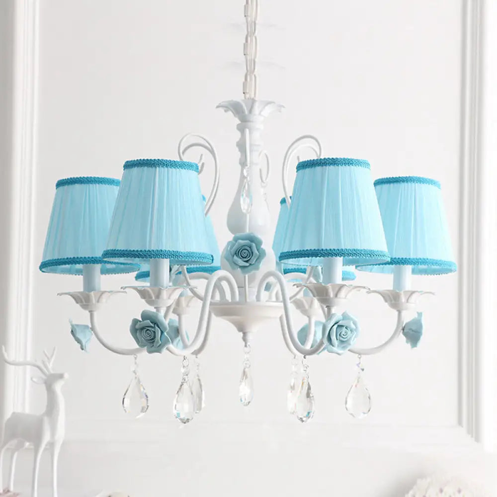 Pastoral Bedroom Chandelier Light With Rose Crystal Draping - Fabric Pleated Empire Shade Suspension