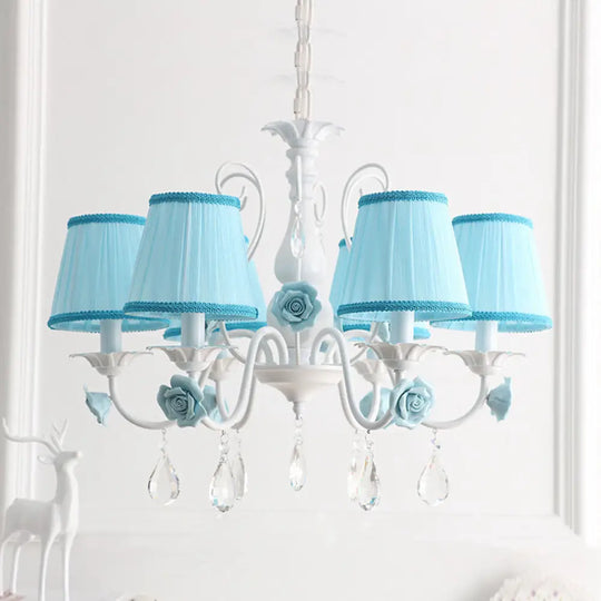 Pastoral Bedroom Chandelier Light With Rose Crystal Draping - Fabric Pleated Empire Shade Suspension