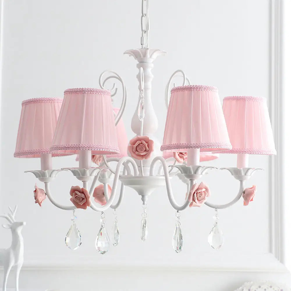 Pastoral Bedroom Chandelier Light With Rose Crystal Draping - Fabric Pleated Empire Shade Suspension