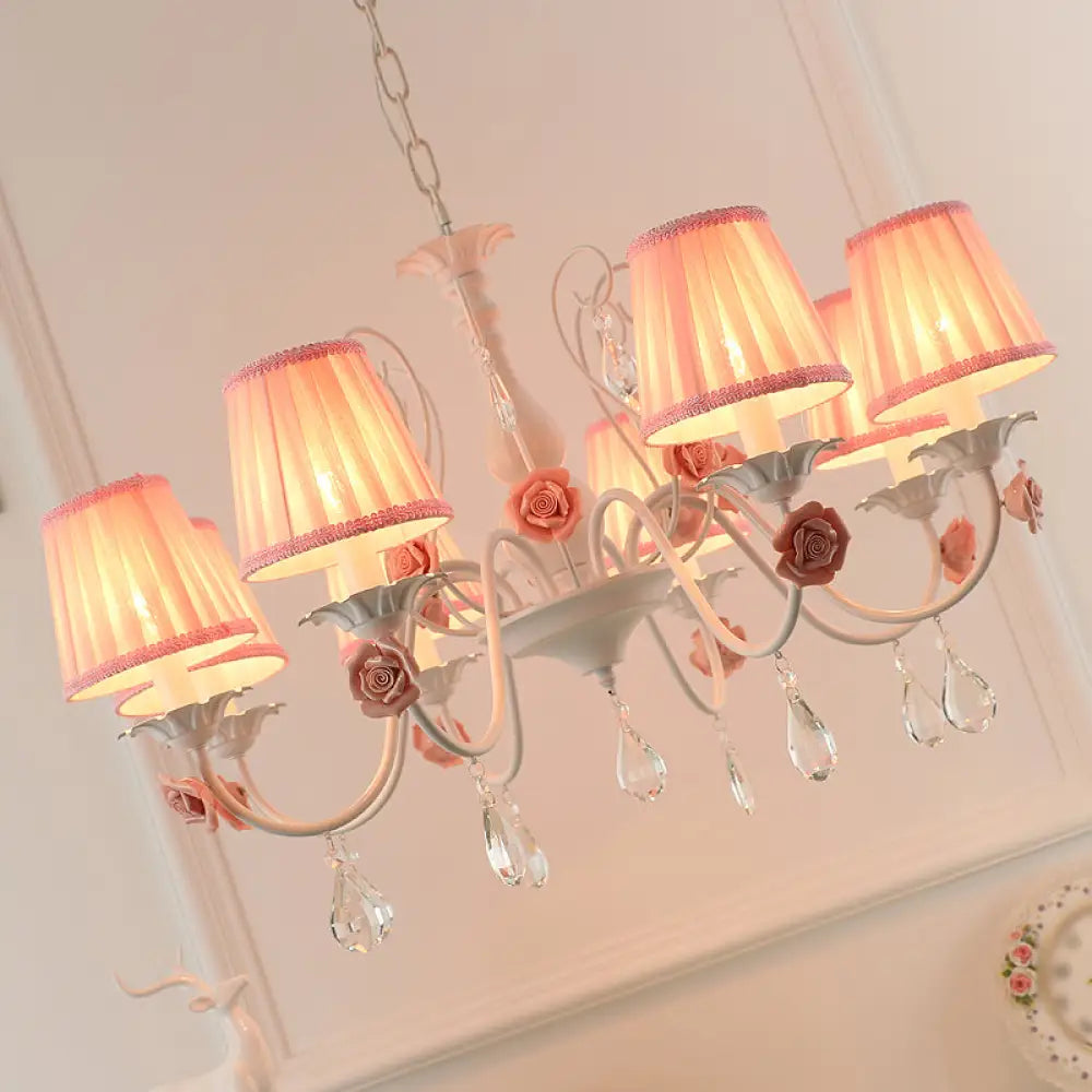 Pastoral Bedroom Chandelier Light With Rose Crystal Draping - Fabric Pleated Empire Shade Suspension