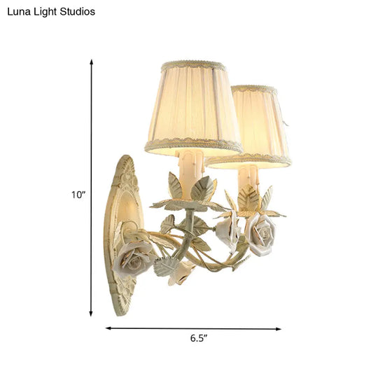 Pastoral Beige Wall Sconce With Fabric Shade - 1/2 Bulbs Flower Mount Lamp For Bedroom