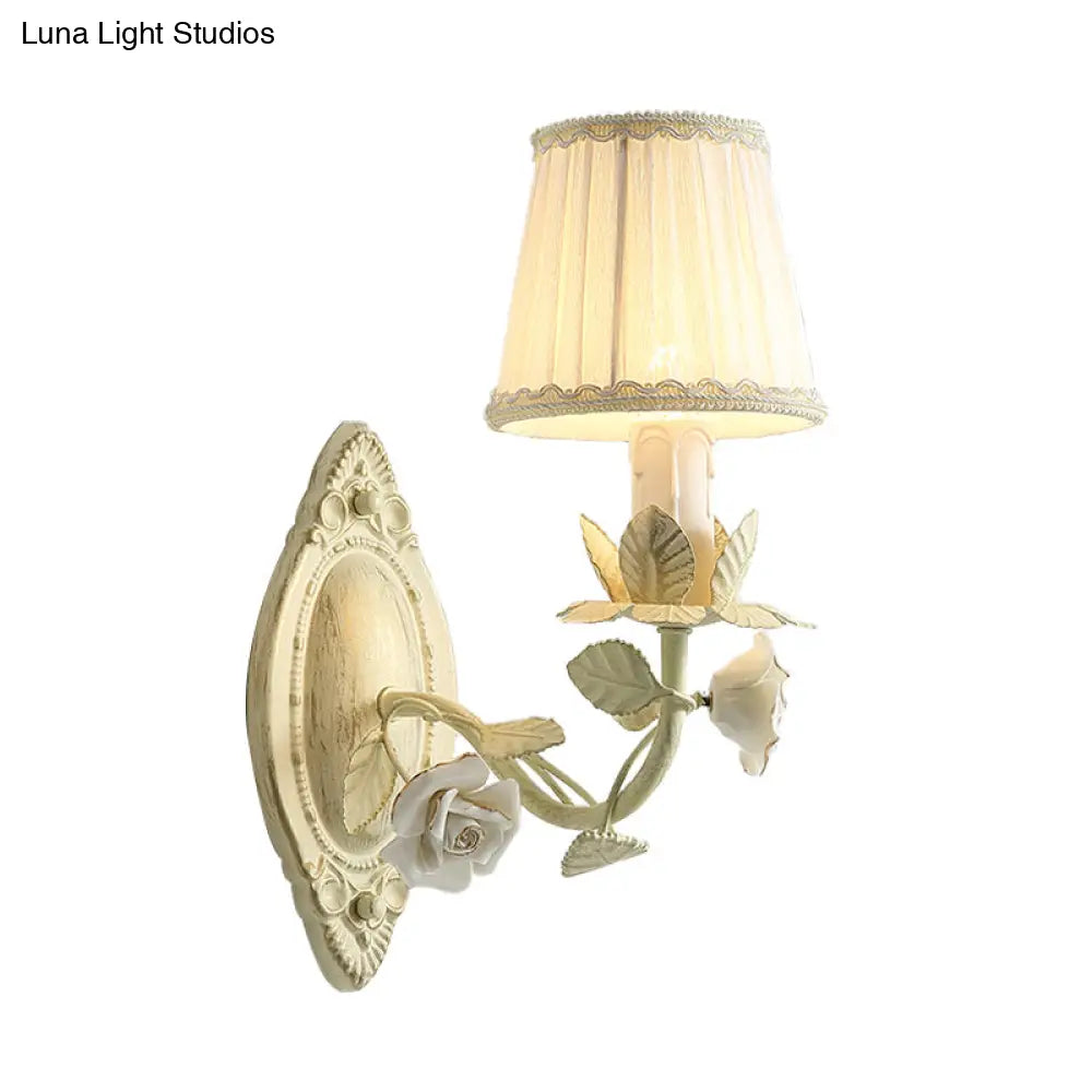 Pastoral Beige Wall Sconce With Fabric Shade - 1/2 Bulbs Flower Mount Lamp For Bedroom