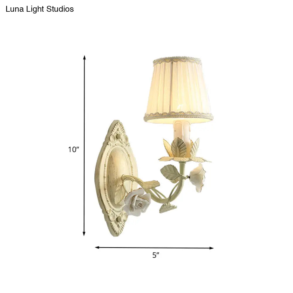 Pastoral Beige Wall Sconce With Fabric Shade - 1/2 Bulbs Flower Mount Lamp For Bedroom