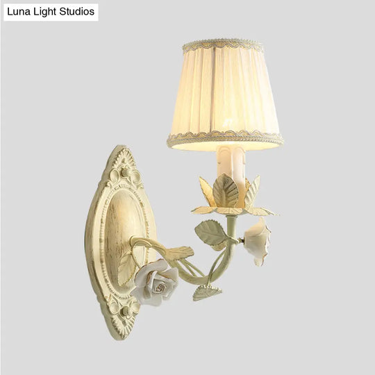 Pastoral Beige Wall Sconce With Fabric Shade - 1/2 Bulbs Flower Mount Lamp For Bedroom