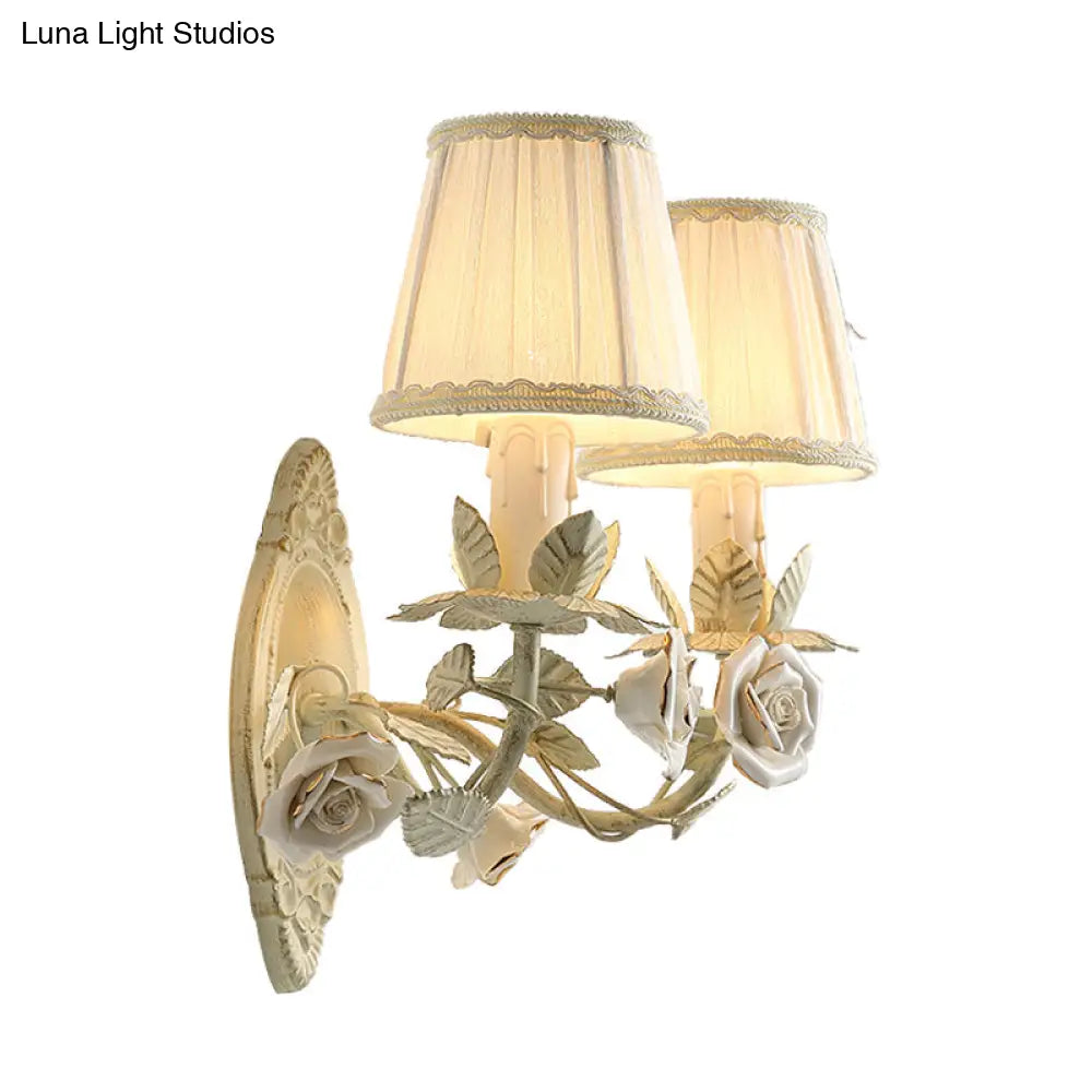 Pastoral Beige Wall Sconce With Fabric Shade - 1/2 Bulbs Flower Mount Lamp For Bedroom