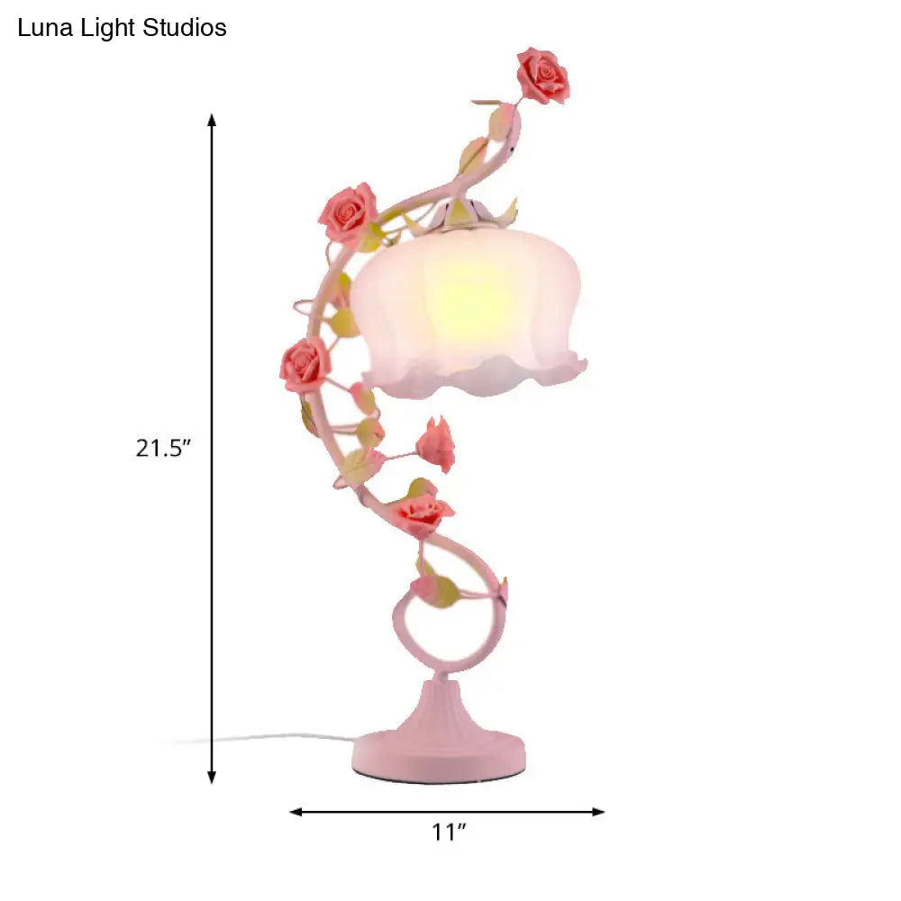 Pastoral Bloom Nightstand Lamp - Frosted White Glass Table Light With Pink Hue