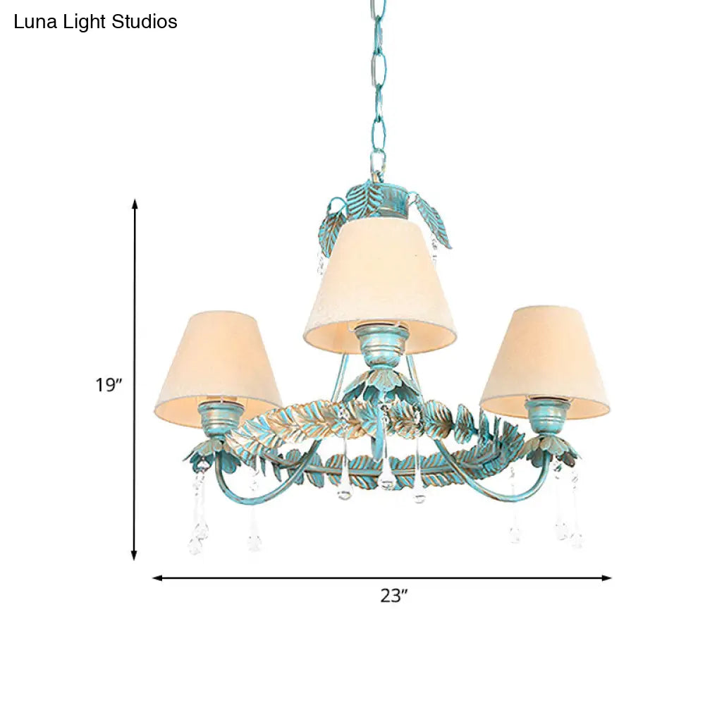 Pastoral Blue Fabric Cone Chandelier Lamp - Elegant 3/6 Bulbs Pendant Light With Metal Leaf And