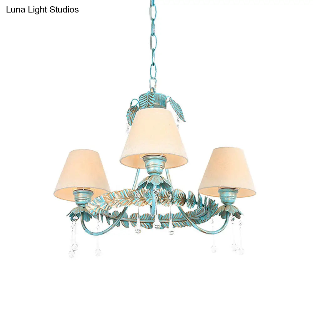 Pastoral Blue Fabric Cone Chandelier Lamp - Elegant 3/6 Bulbs Pendant Light With Metal Leaf And