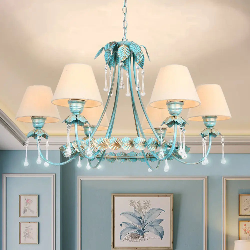 Pastoral Blue Fabric Cone Chandelier Lamp - Elegant 3/6 Bulbs Pendant Light With Metal Leaf And